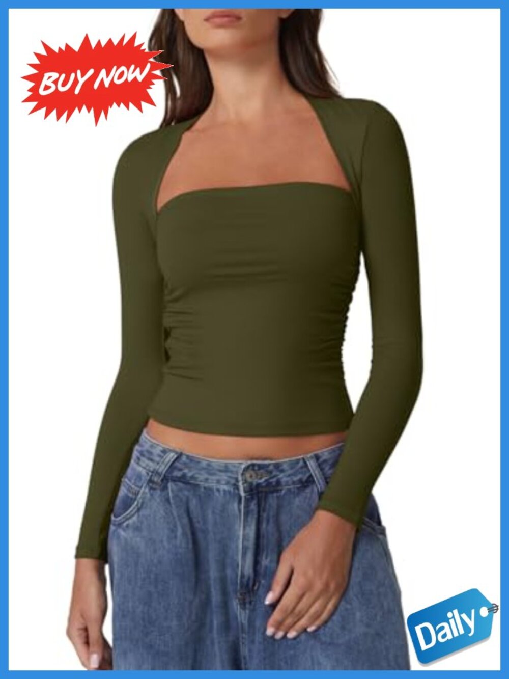 Women's Long Sleeve Square Neck Crop Top Double Lined Ruched Slim Fit Tee